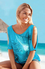 Load image into Gallery viewer, Slit Sleeve Cold Shoulder Feather Print Women Casual Summer T Shirt